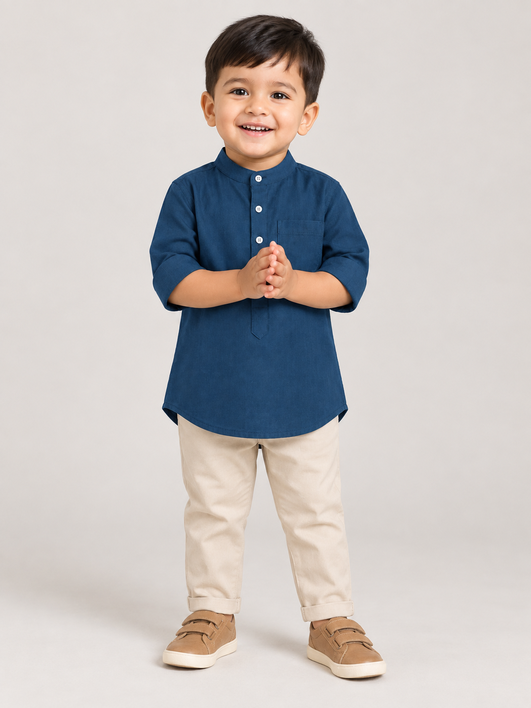 Kids Navy Blue Mandarin Collar Shirt