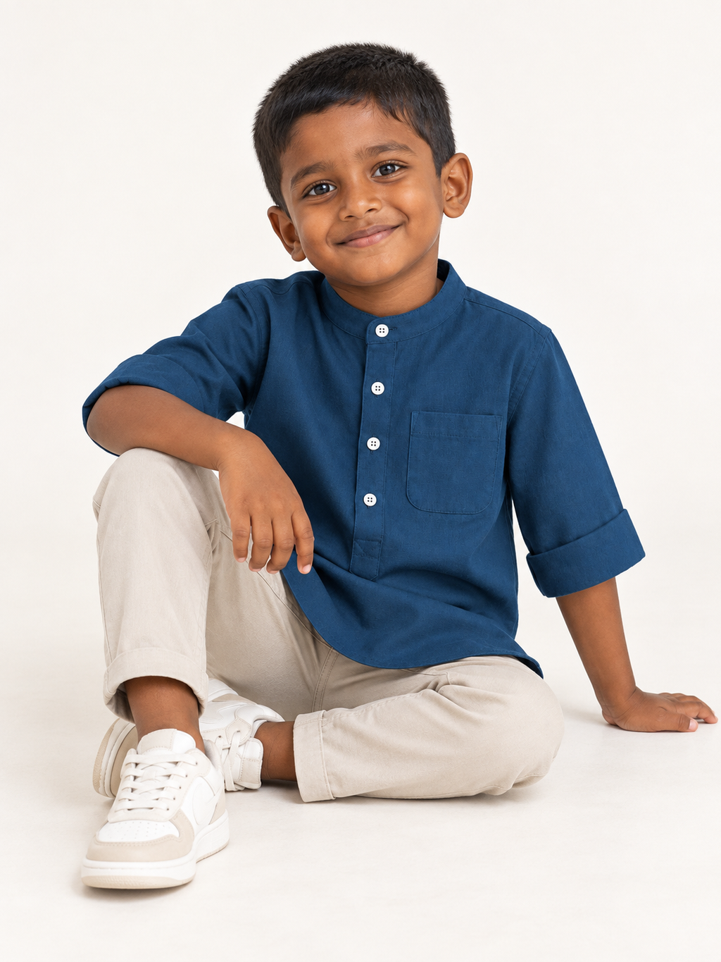 Kids Navy Blue Mandarin Collar Shirt