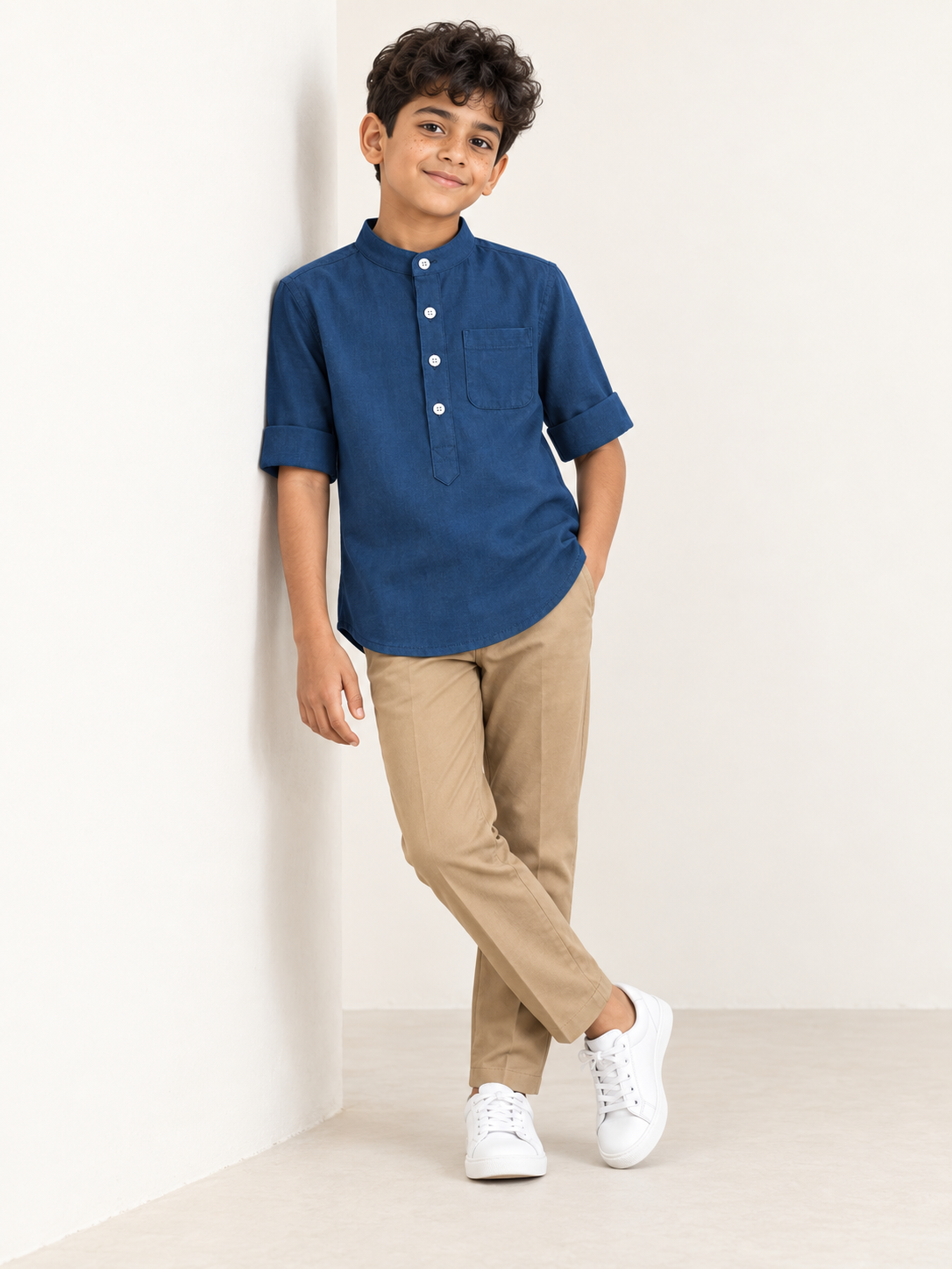 Kids Navy Blue Mandarin Collar Shirt