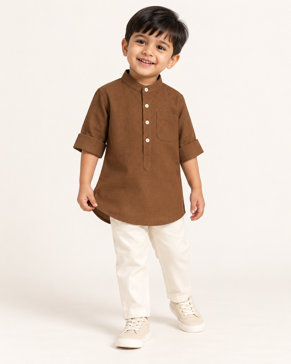 Kids Brown Mandarin Collar Shirt