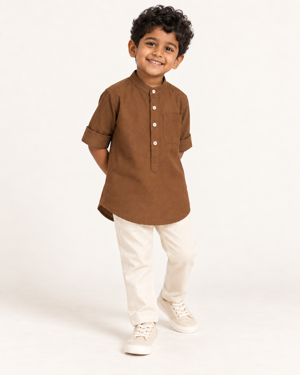 Kids Brown Mandarin Collar Shirt