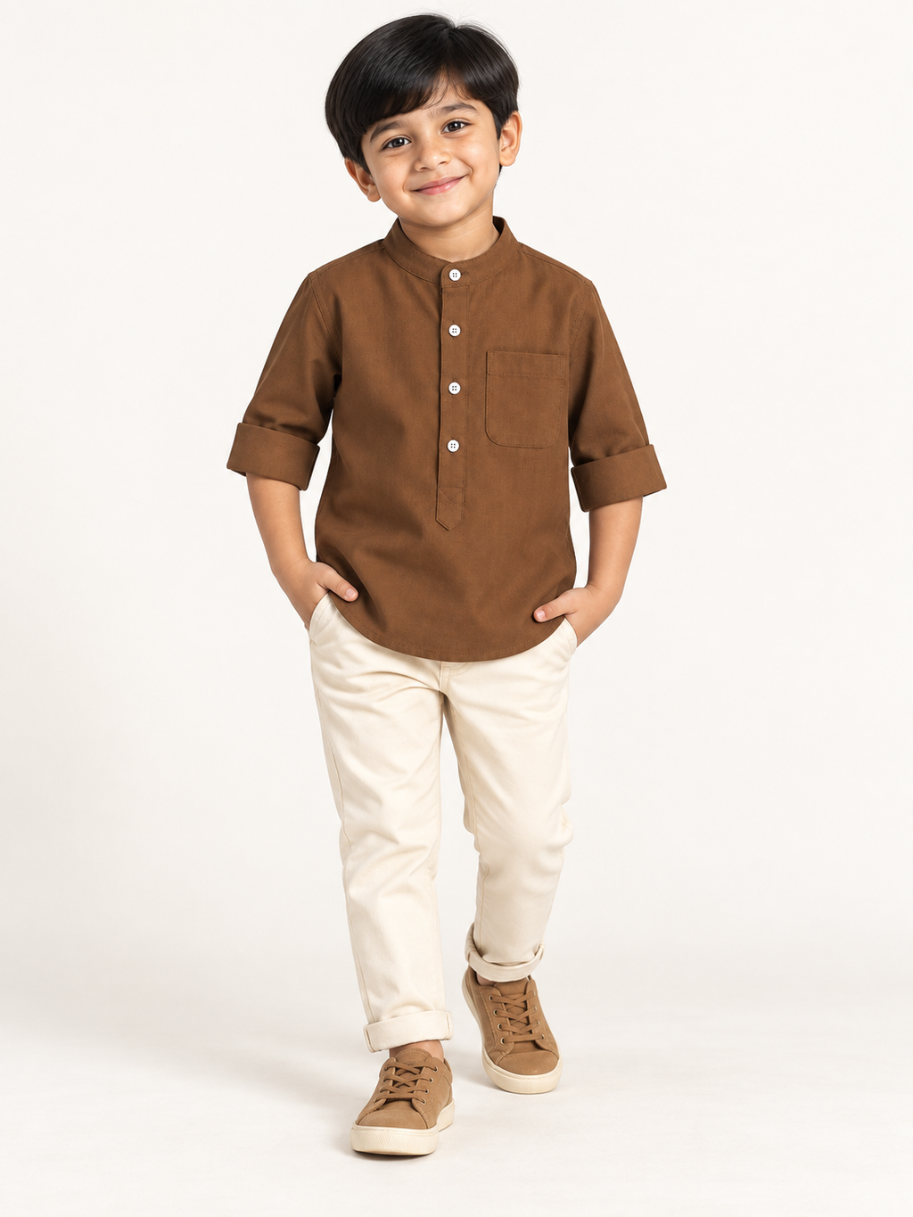Kids Brown Mandarin Collar Shirt