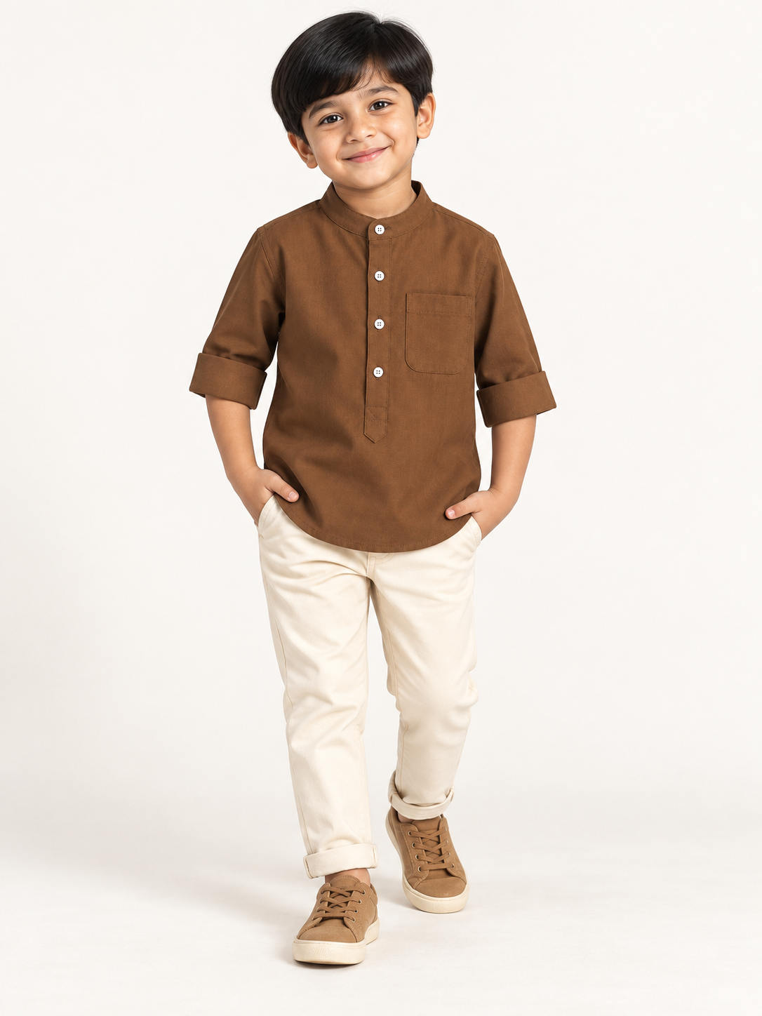 Kids Brown Mandarin Collar Shirt