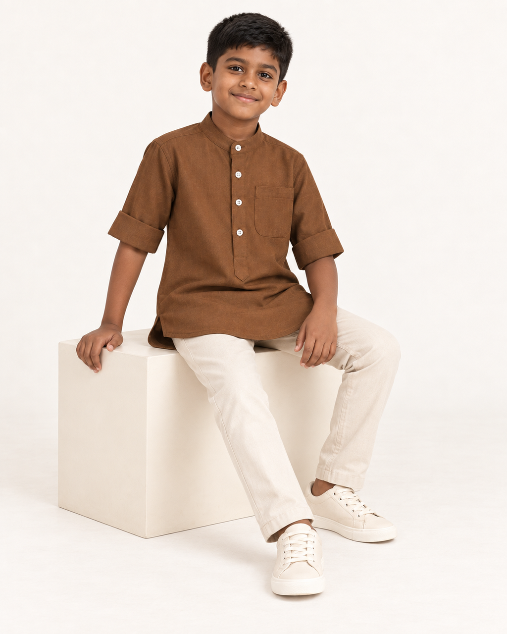 Kids Brown Mandarin Collar Shirt