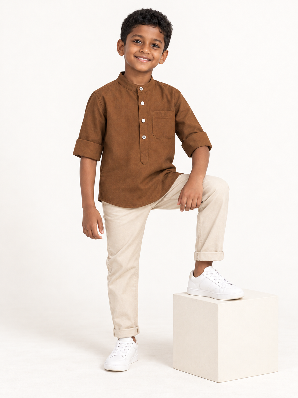 Kids Brown Mandarin Collar Shirt