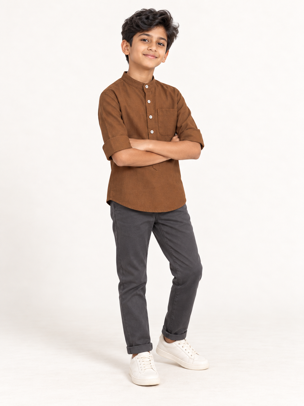 Kids Brown Mandarin Collar Shirt