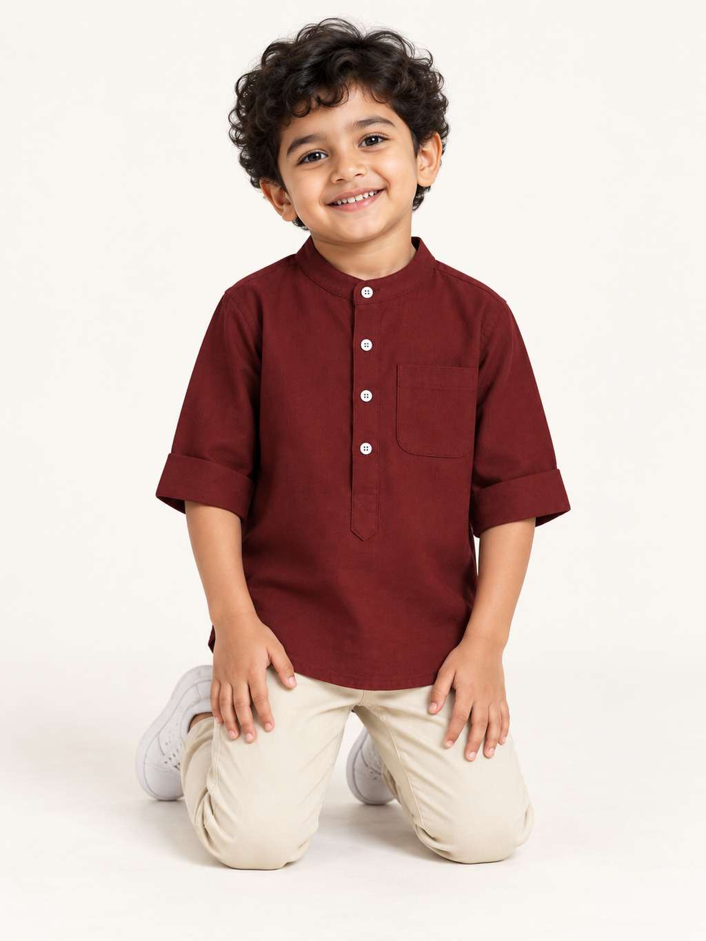 Kids Burgundy Mandarin Collar Kurta Shirt
