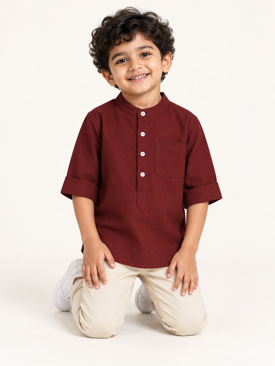 Kids Burgundy Mandarin Collar Kurta Shirt