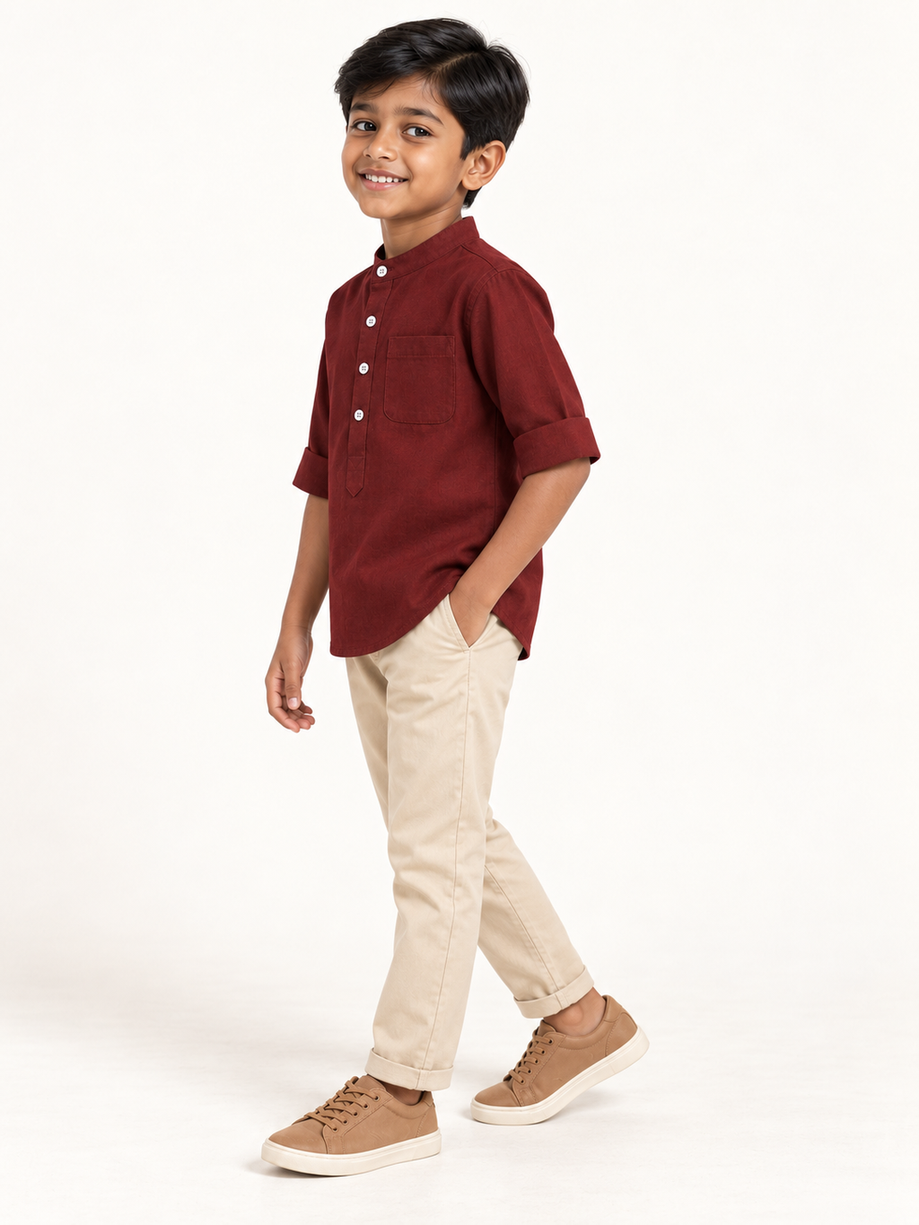 Kids Burgundy Mandarin Collar Kurta Shirt