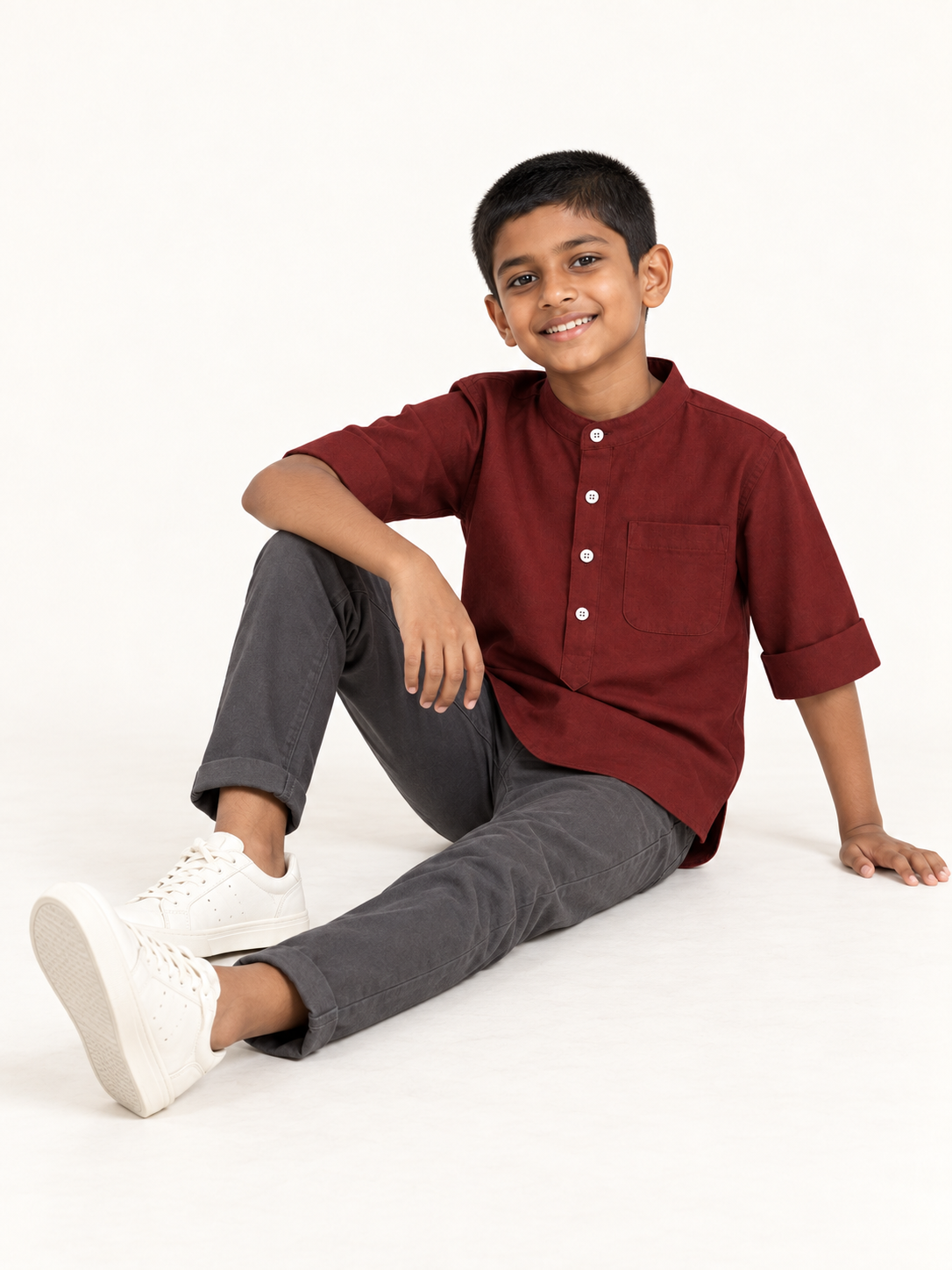 Kids Burgundy Mandarin Collar Kurta Shirt