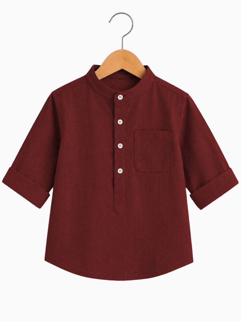Kids Burgundy Mandarin Collar Kurta Shirt