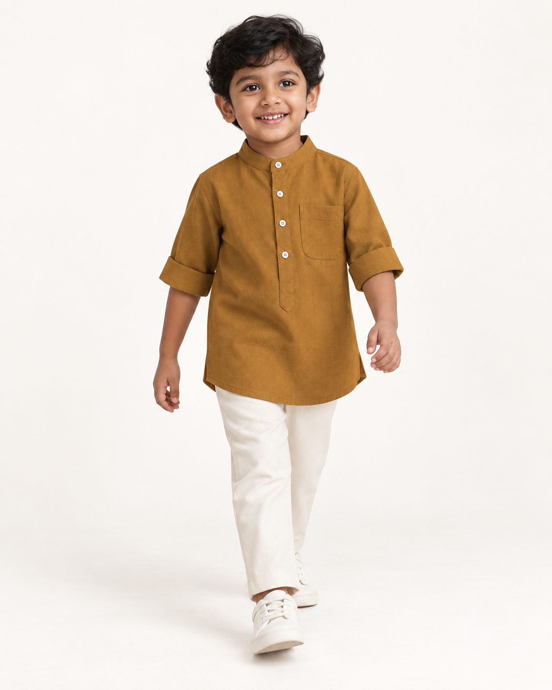 Kids Mustard Yellow Mandarin Collar Kurta Shirt