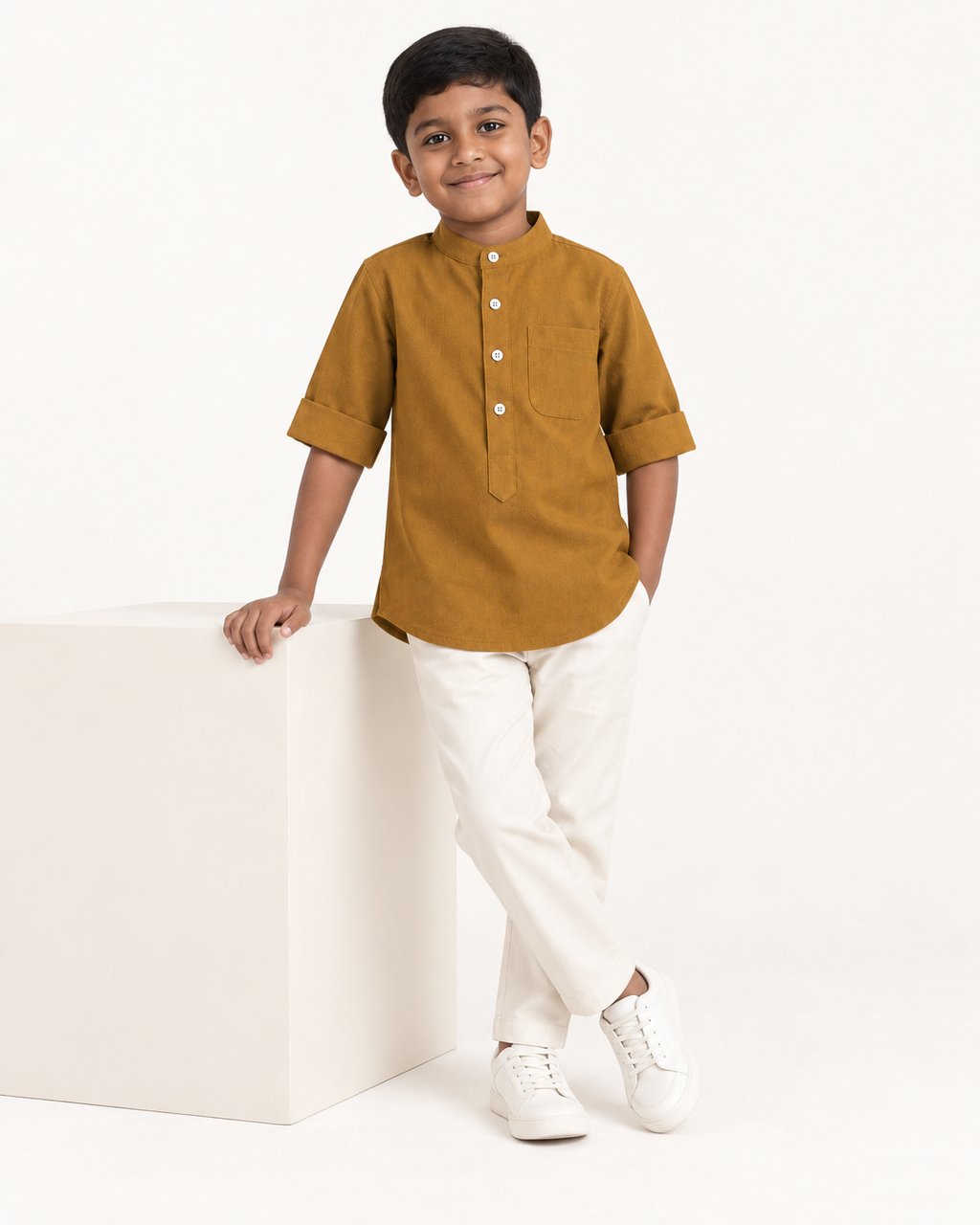 Kids Mustard Yellow Mandarin Collar Kurta Shirt