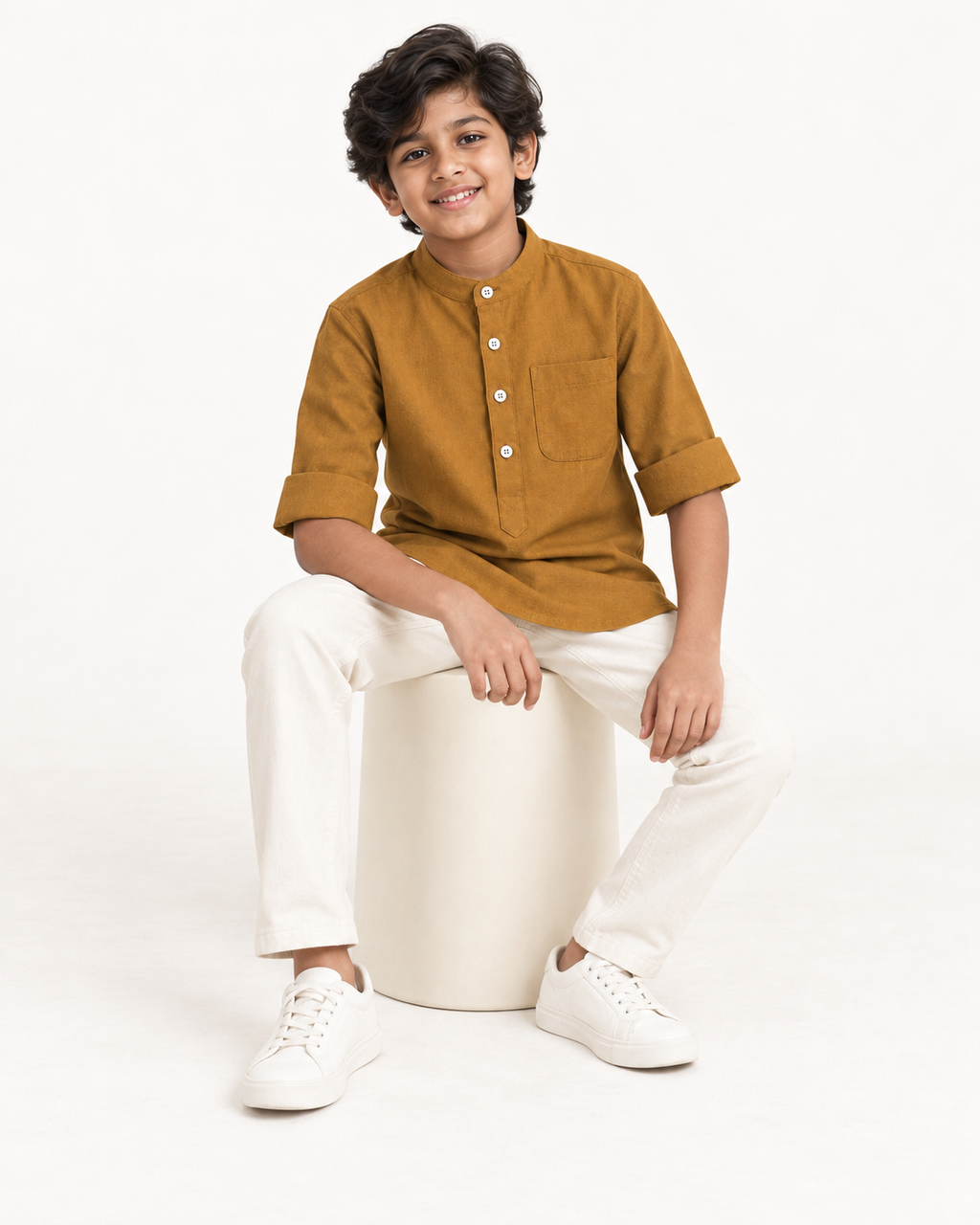 Kids Mustard Yellow Mandarin Collar Kurta Shirt