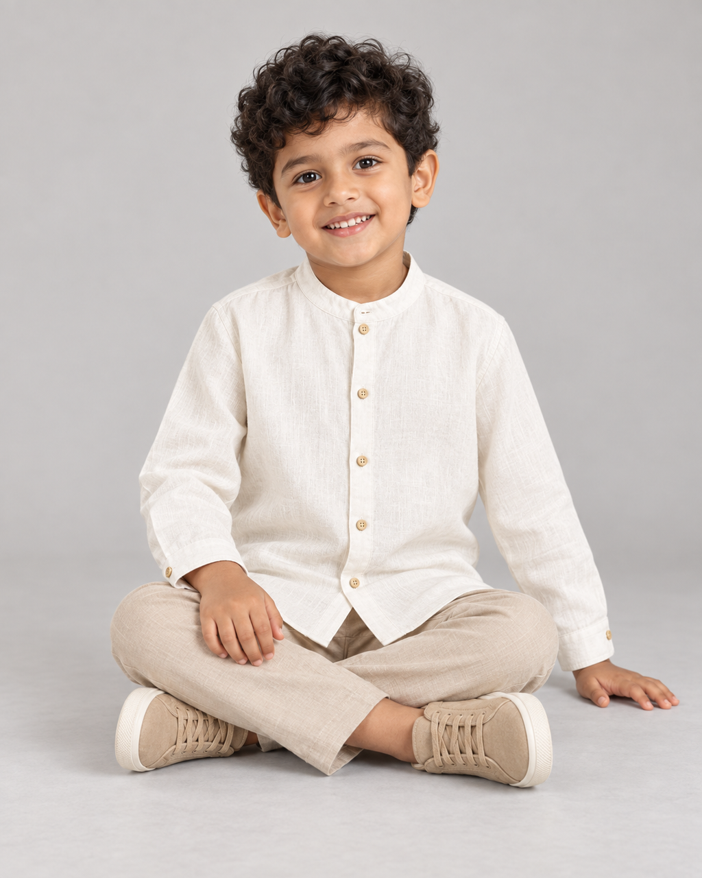 Kids Ivory Mandarin Collar Cotton Shirt