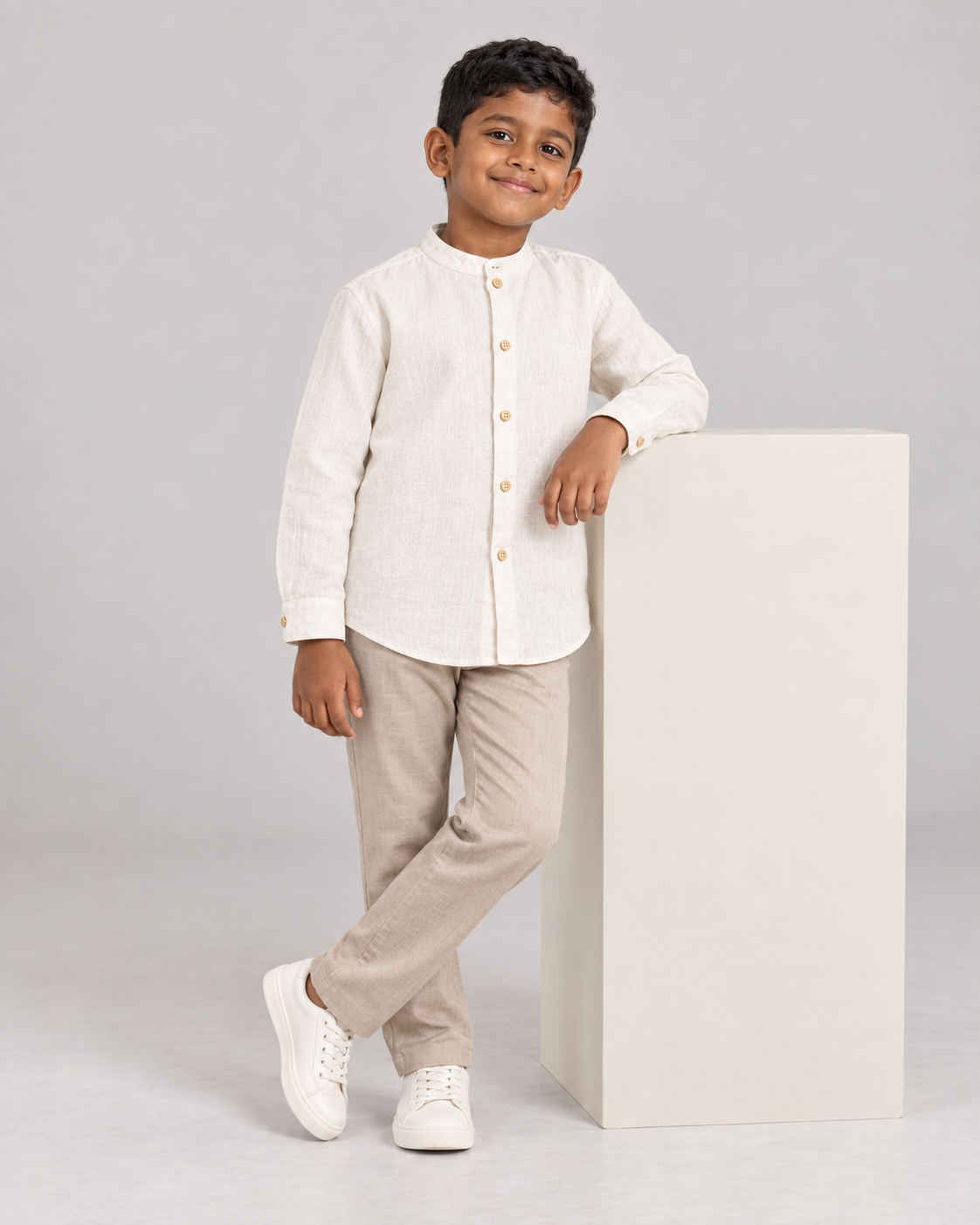 Kids Ivory Mandarin Collar Cotton Shirt