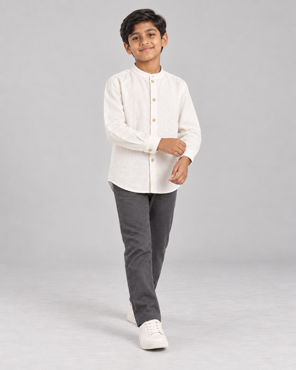 Kids Ivory Mandarin Collar Cotton Shirt