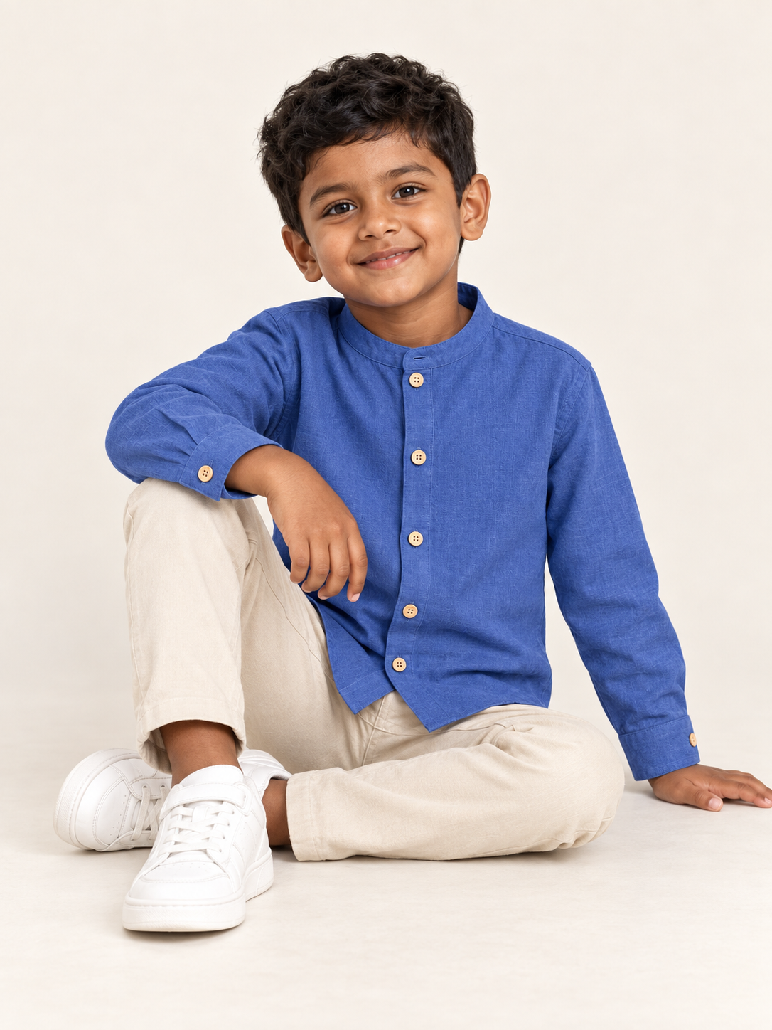 Kids Denim Blue Mandarin Collar Shirt