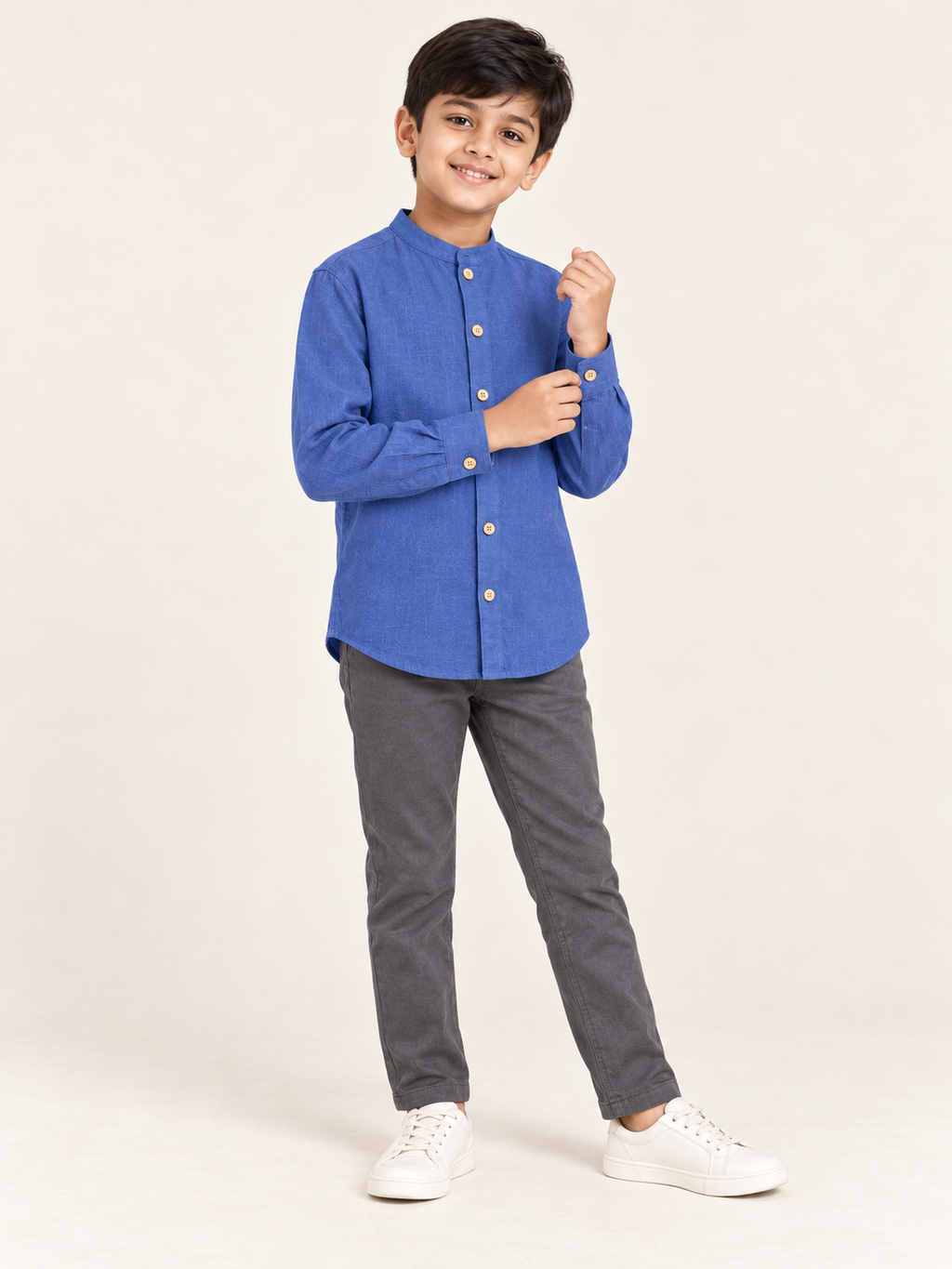 Kids Denim Blue Mandarin Collar Shirt