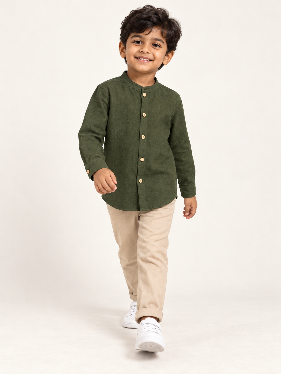 Kids Olive Green Mandarin Collar Shirt