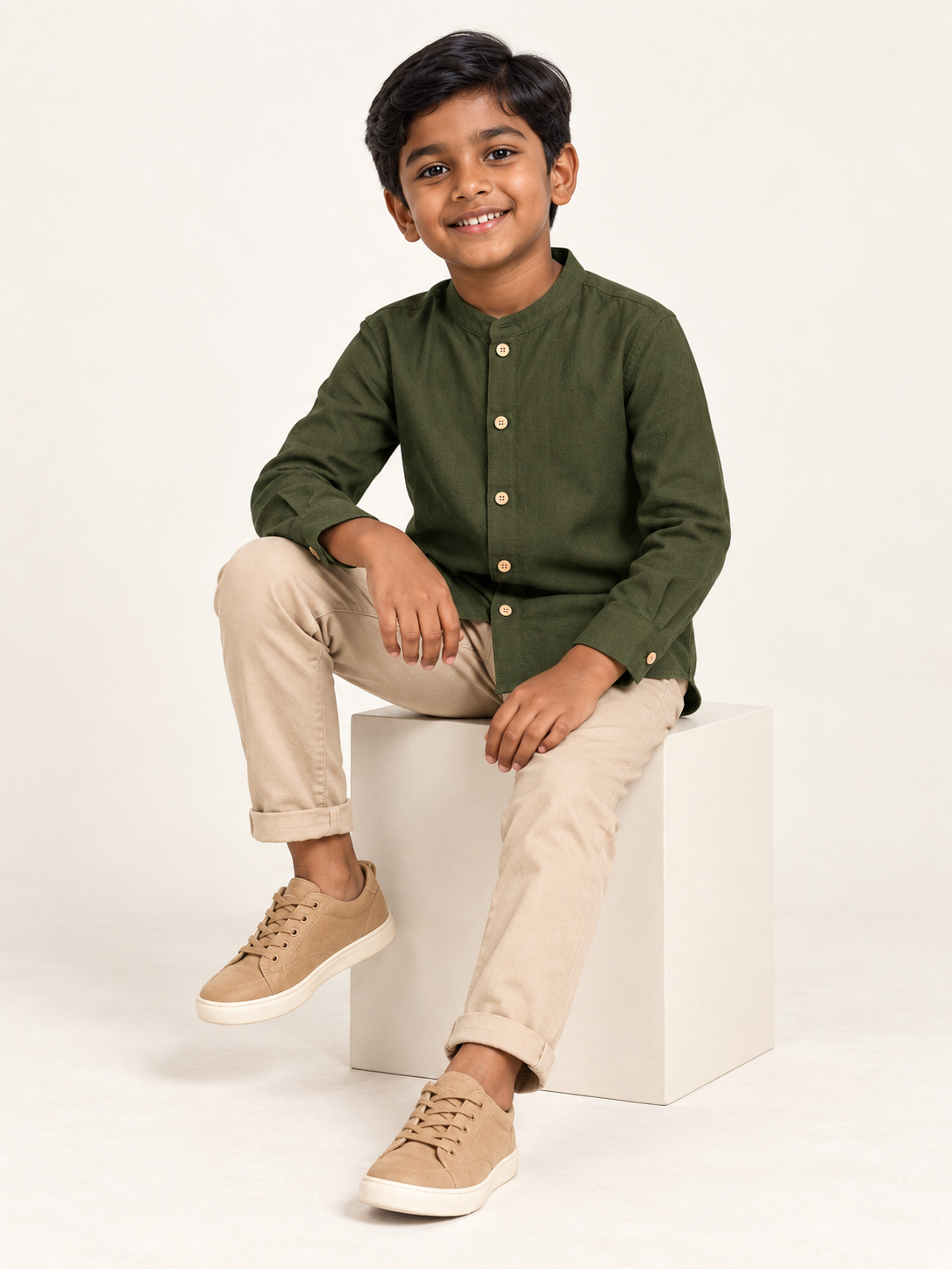 Kids Olive Green Mandarin Collar Shirt