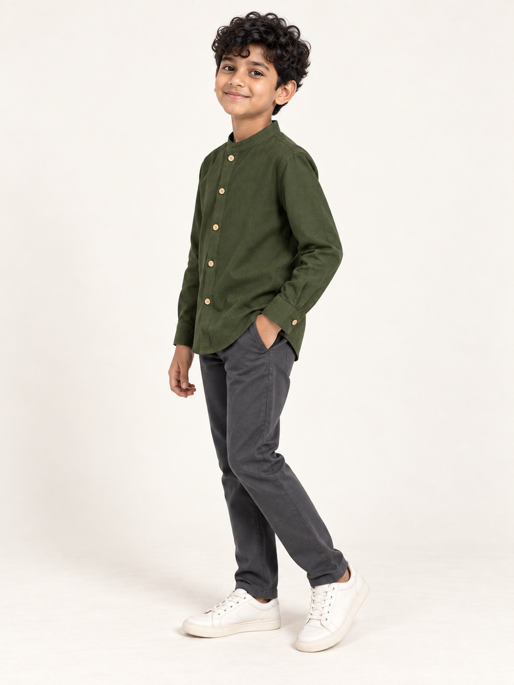 Kids Olive Green Mandarin Collar Shirt