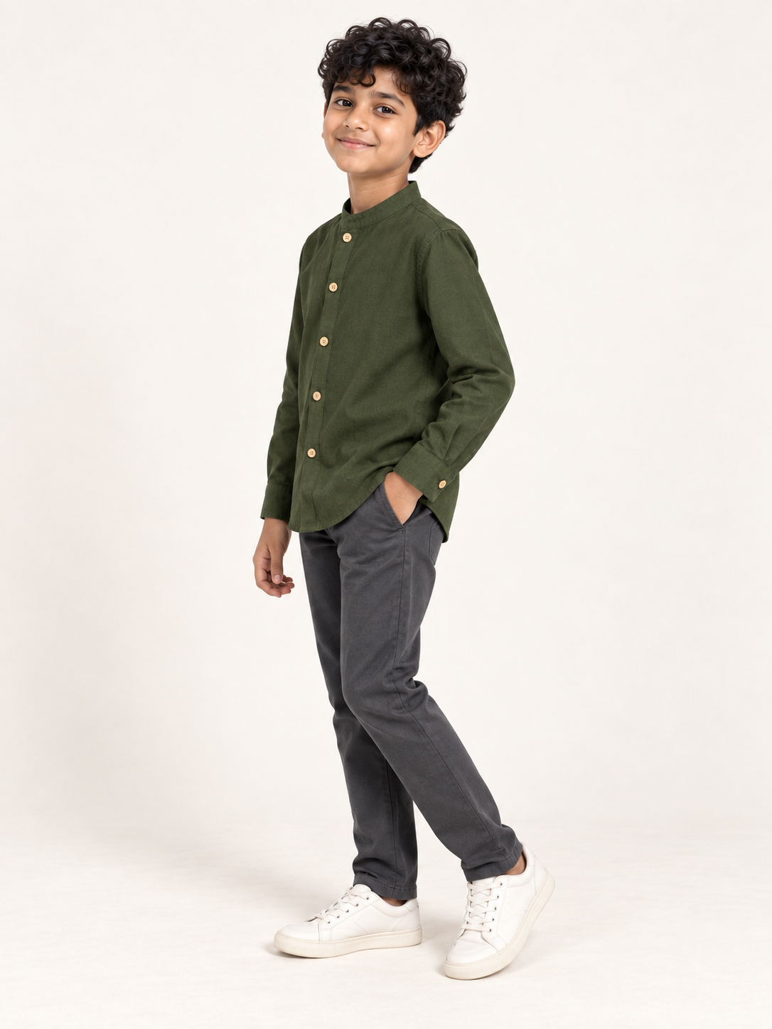 Kids Olive Green Mandarin Collar Shirt