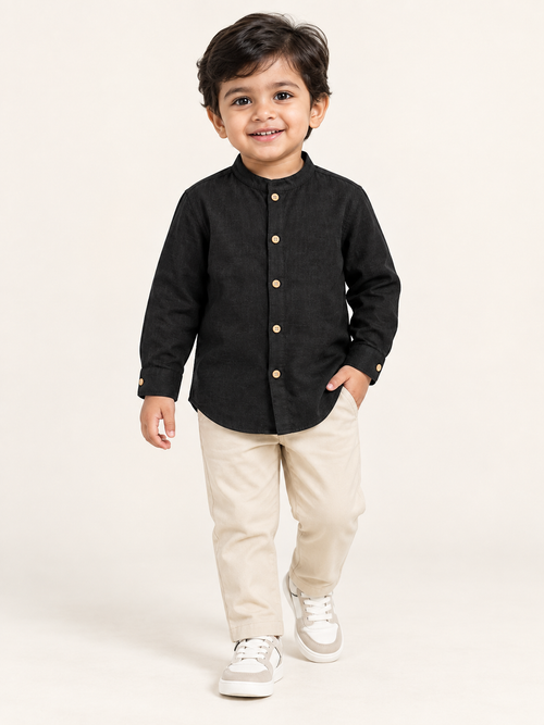 Kids Black Mandarin Collar Kurta Shirt