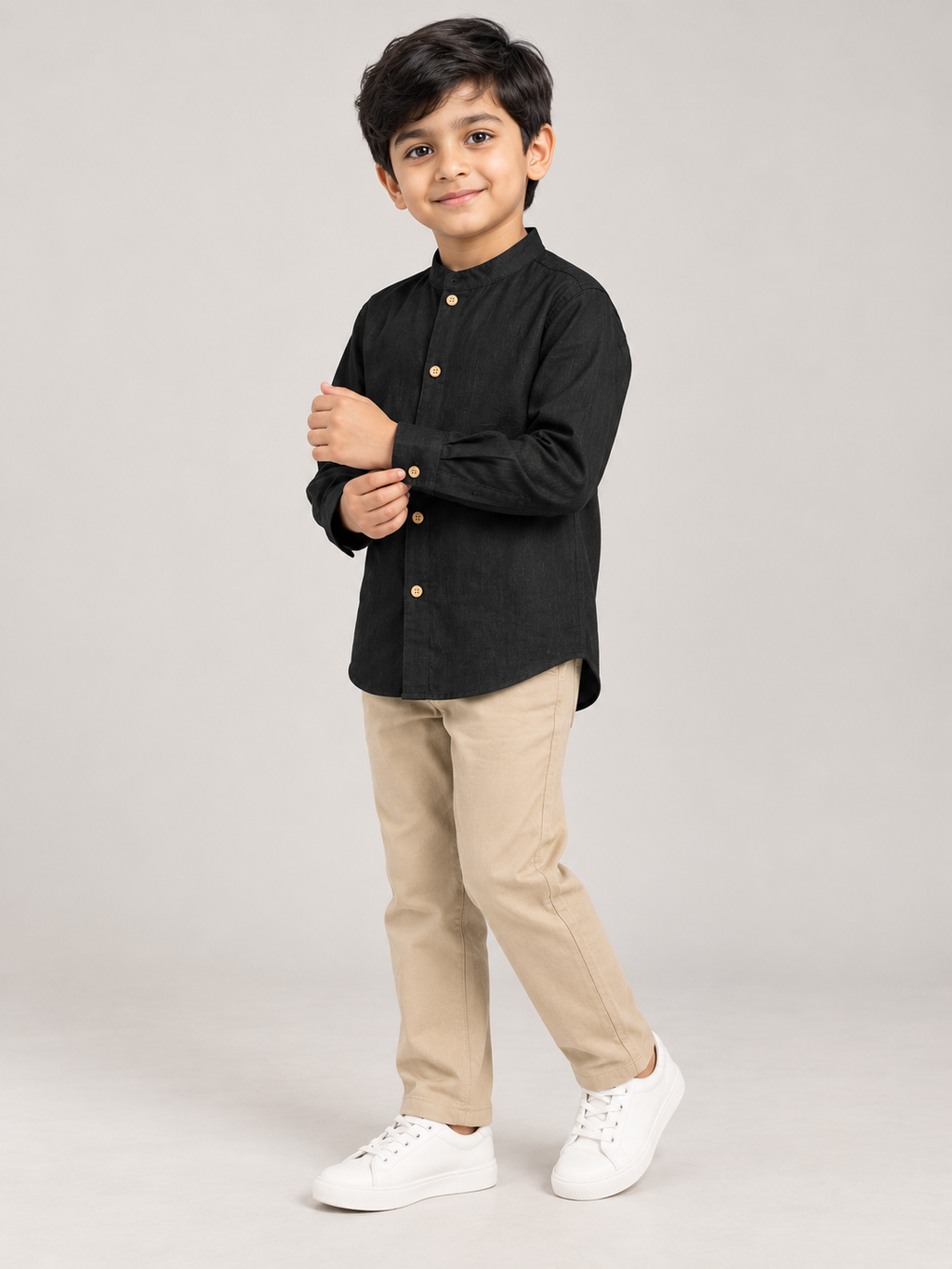 Kids Black Mandarin Collar Kurta Shirt