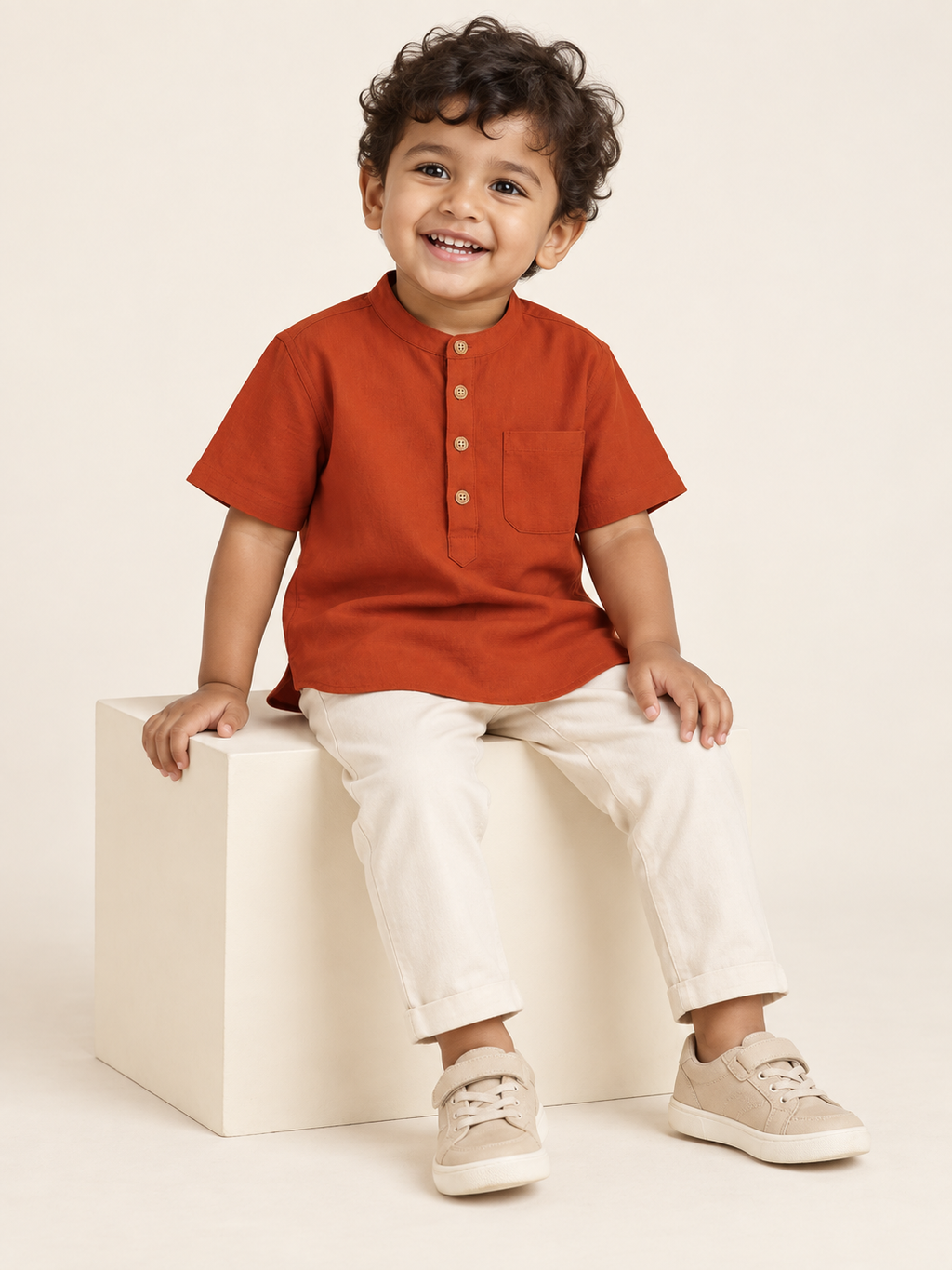 Kids Rust Orange Mandarin Collar Kurta Shirt