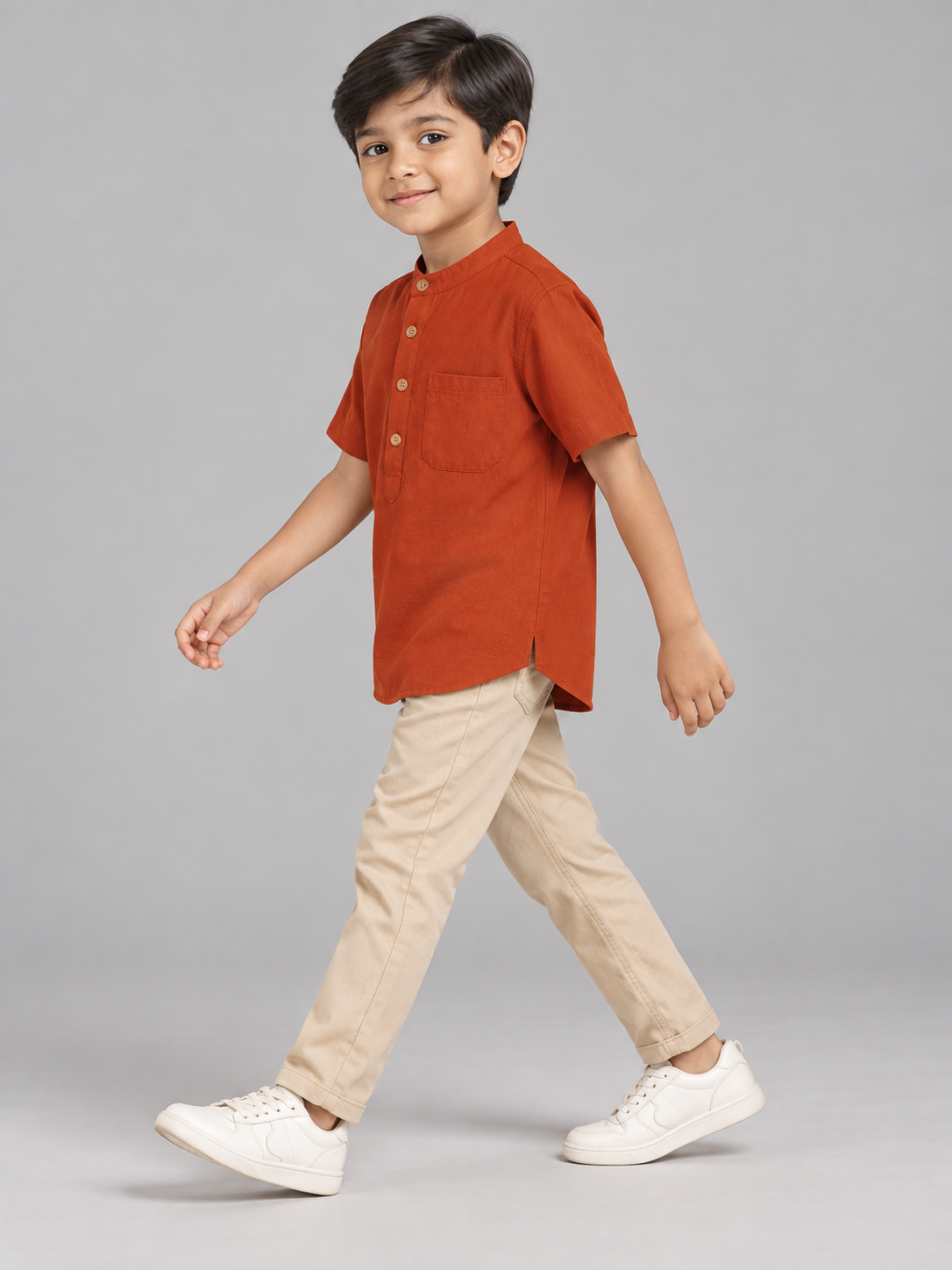 Kids Rust Orange Mandarin Collar Kurta Shirt