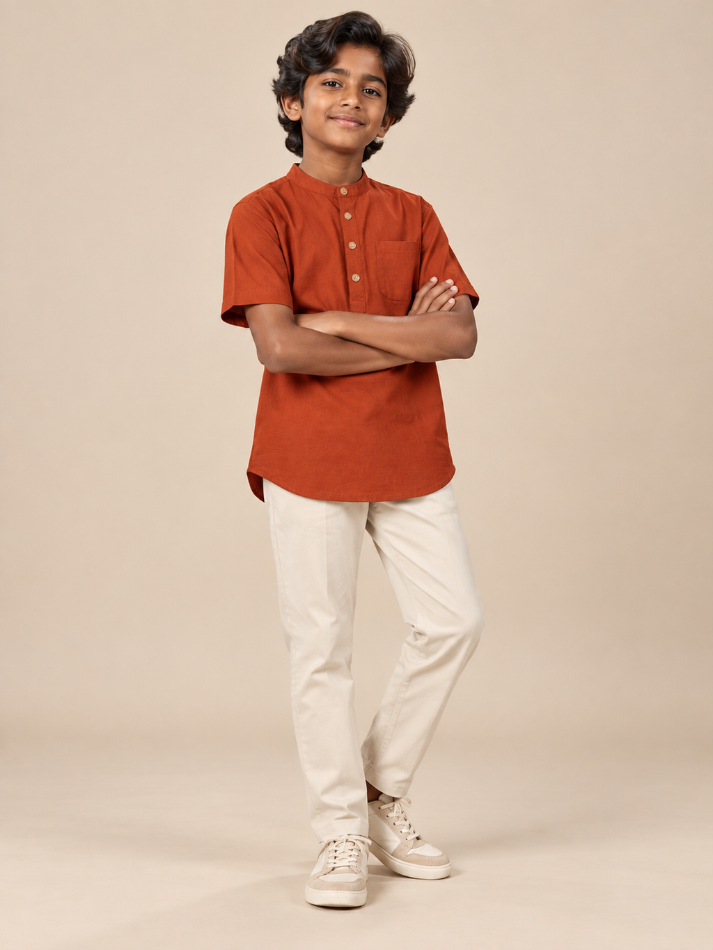 Kids Rust Orange Mandarin Collar Kurta Shirt