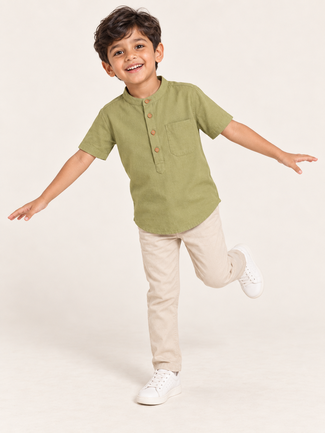 Kids Sage Green Mandarin Collar Kurta Shirt