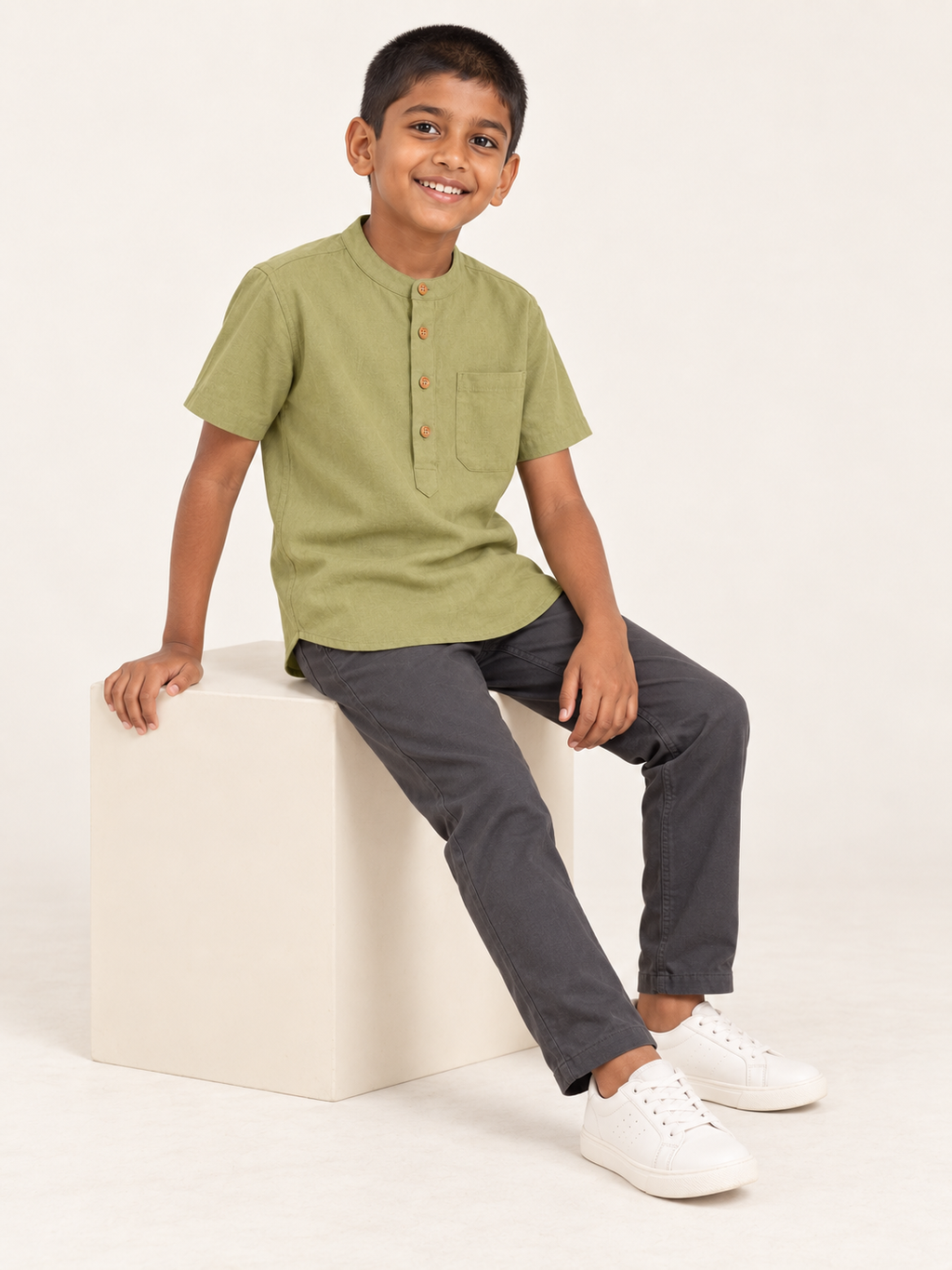 Kids Sage Green Mandarin Collar Kurta Shirt