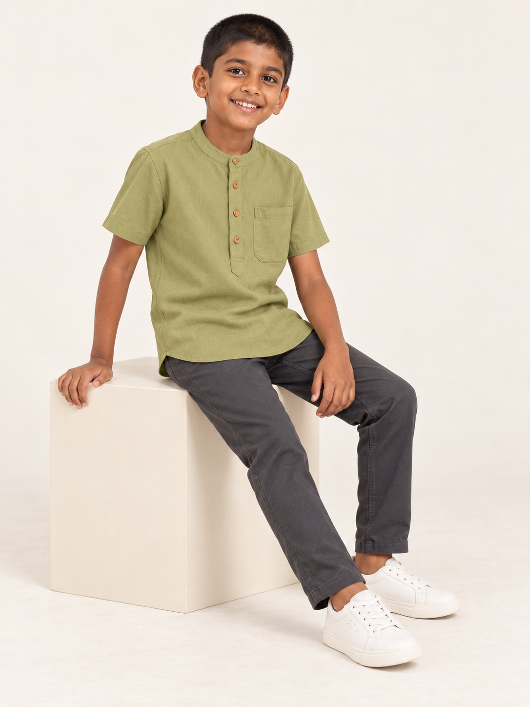 Kids Sage Green Mandarin Collar Kurta Shirt