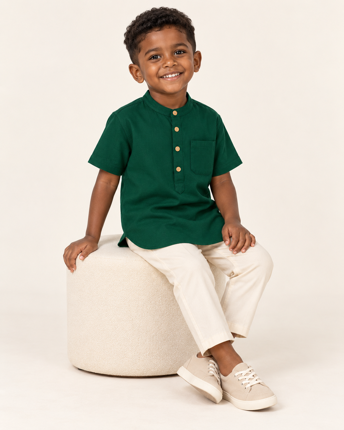 Kids Forest Green Mandarin Collar Kurta Shirt