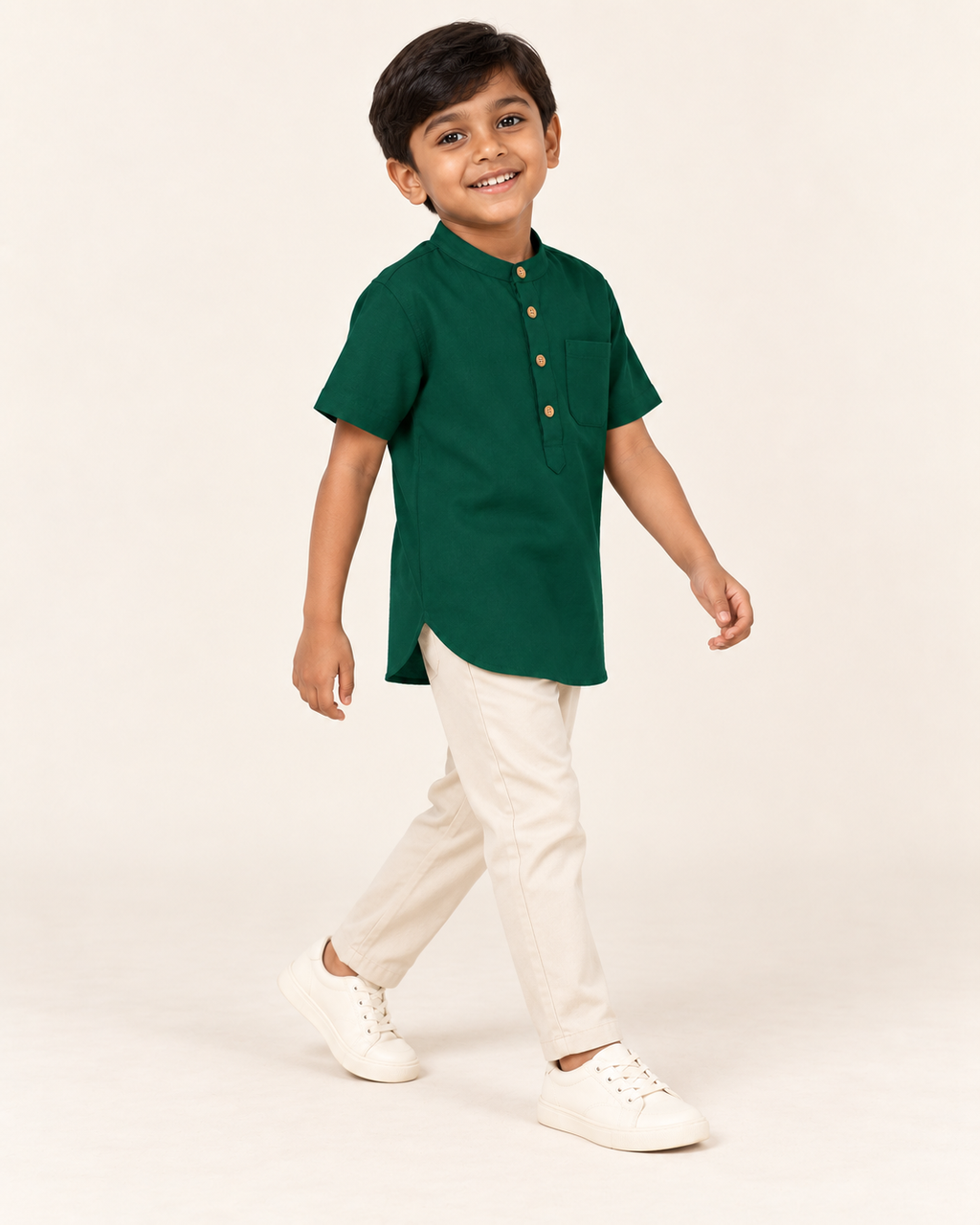 Kids Forest Green Mandarin Collar Kurta Shirt