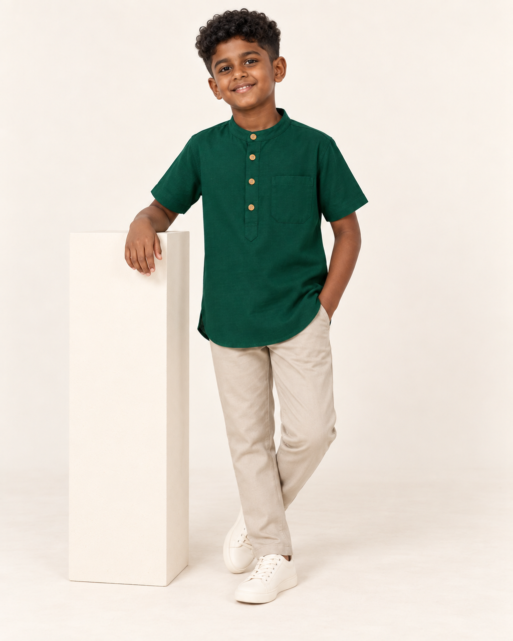 Kids Forest Green Mandarin Collar Kurta Shirt
