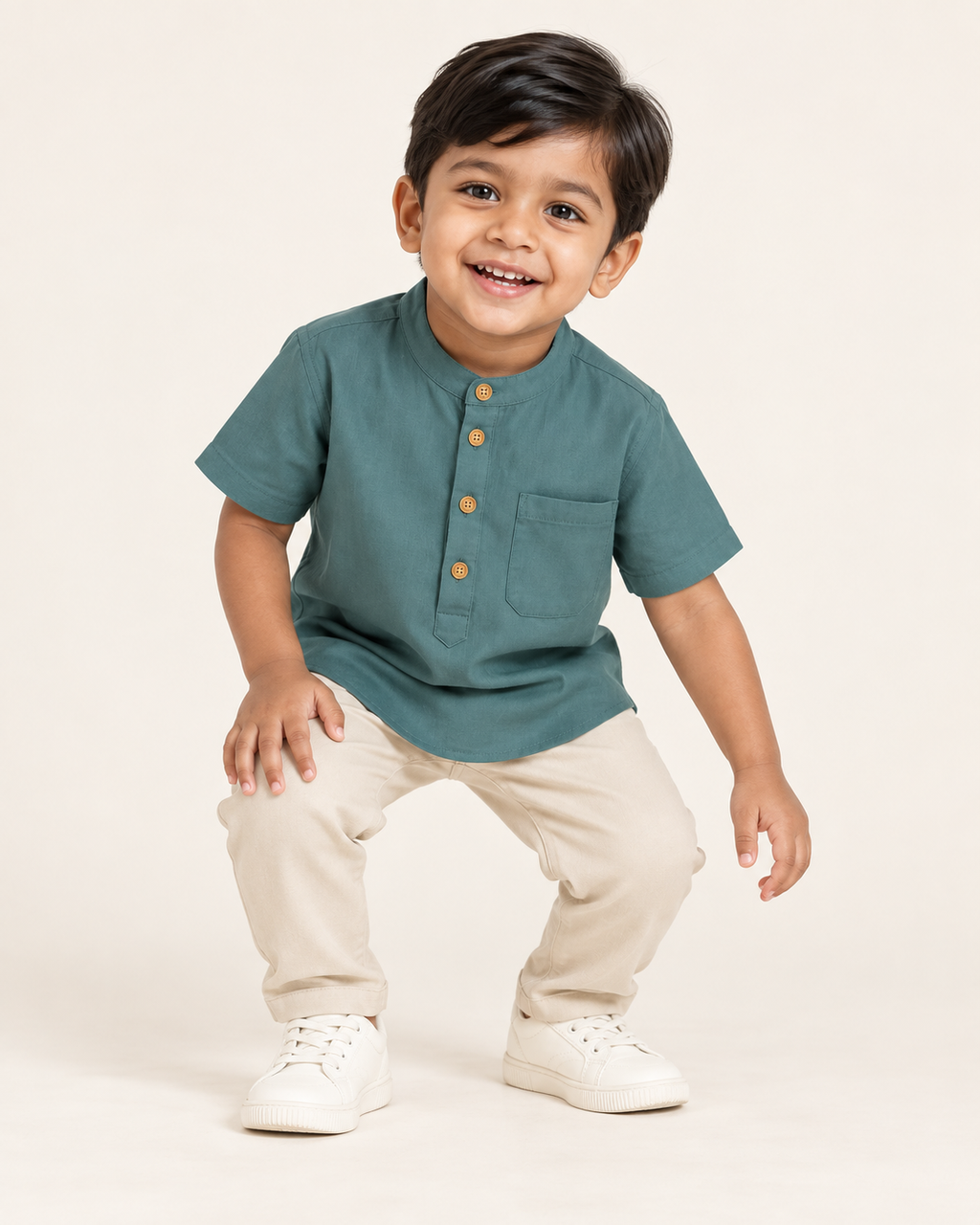 Kids Dusty Teal Mandarin Collar Kurta Shirt