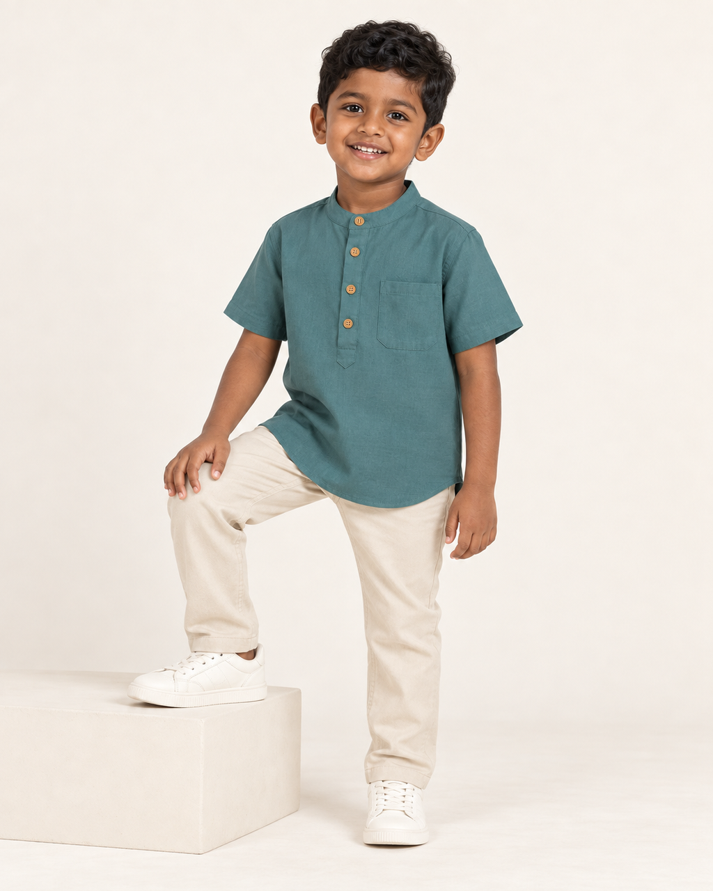 Kids Dusty Teal Mandarin Collar Kurta Shirt
