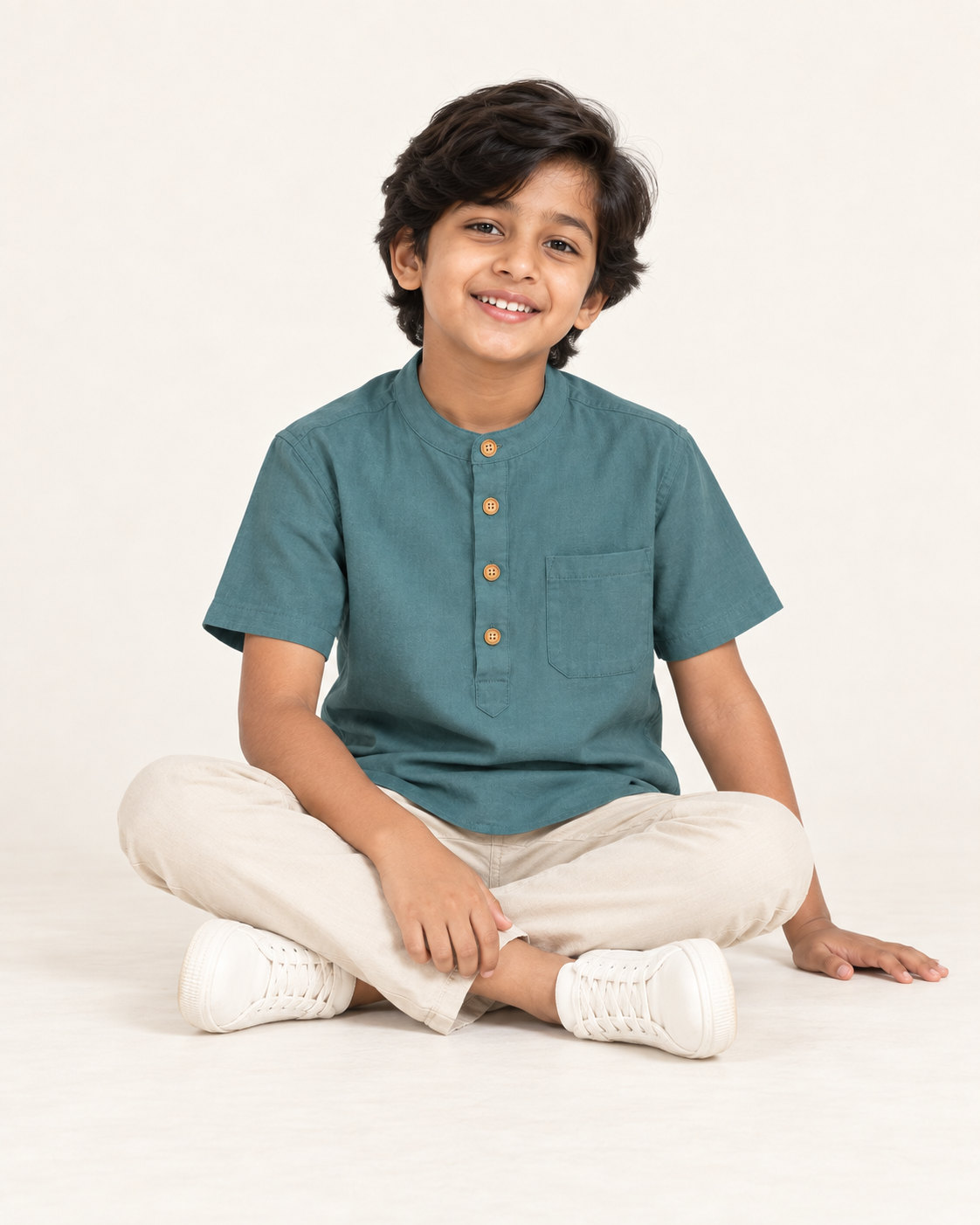 Kids Dusty Teal Mandarin Collar Kurta Shirt