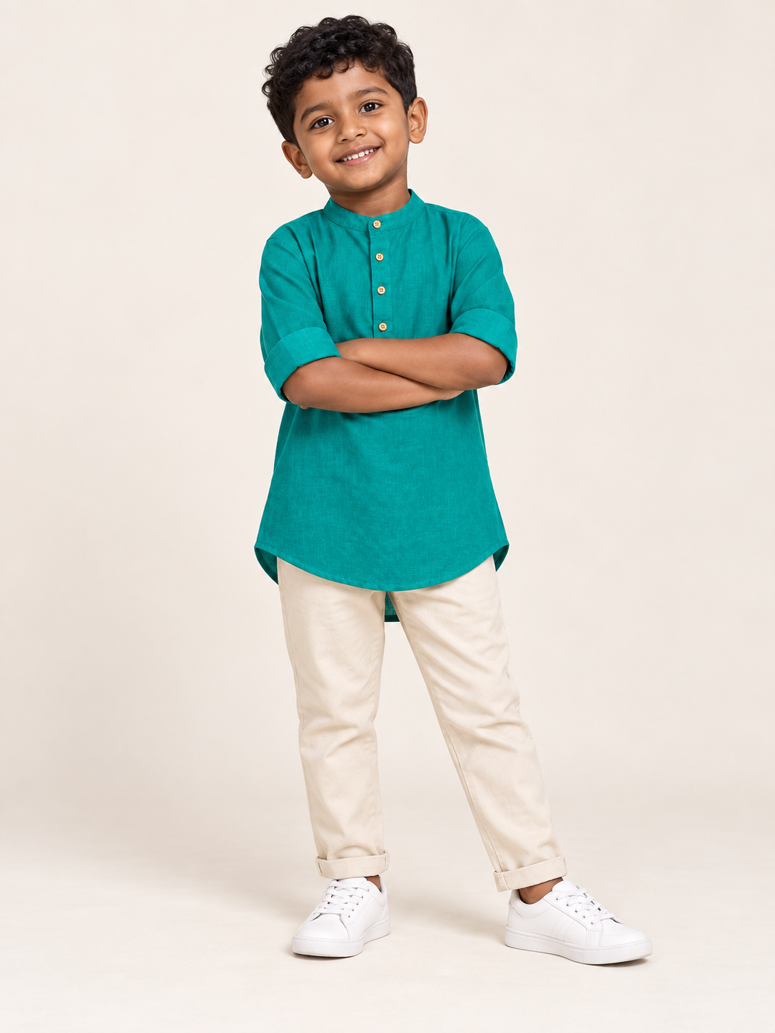 Kids Teal Mandarin Collar Kurta Shirt