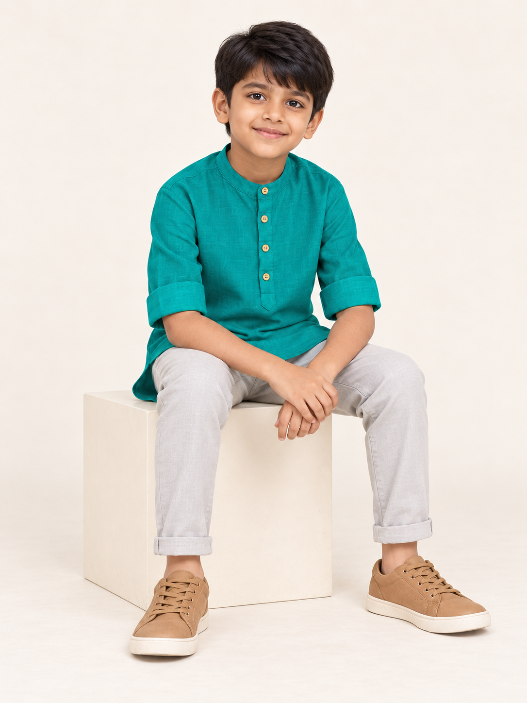 Kids Teal Mandarin Collar Kurta Shirt