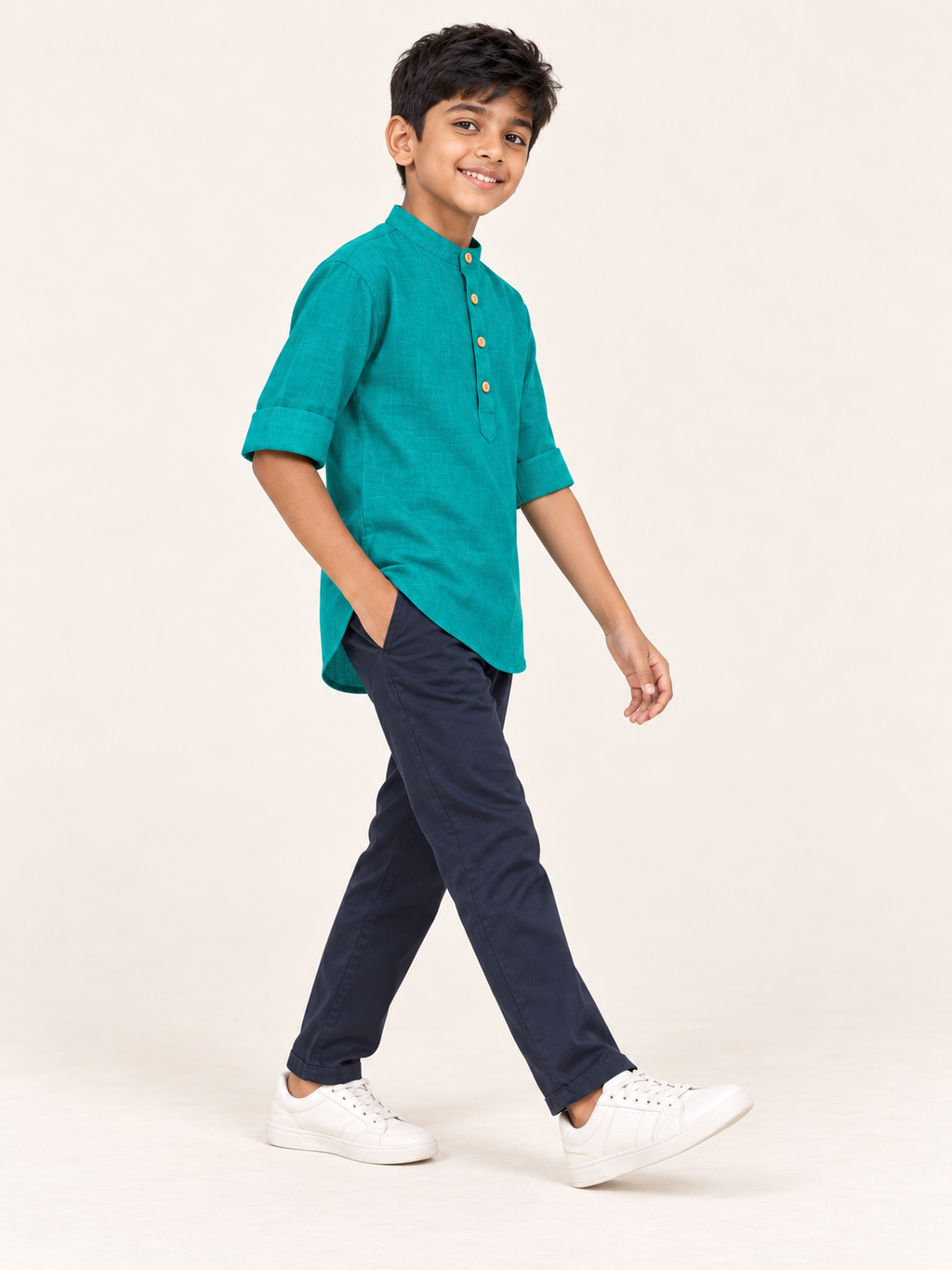 Kids Teal Mandarin Collar Kurta Shirt