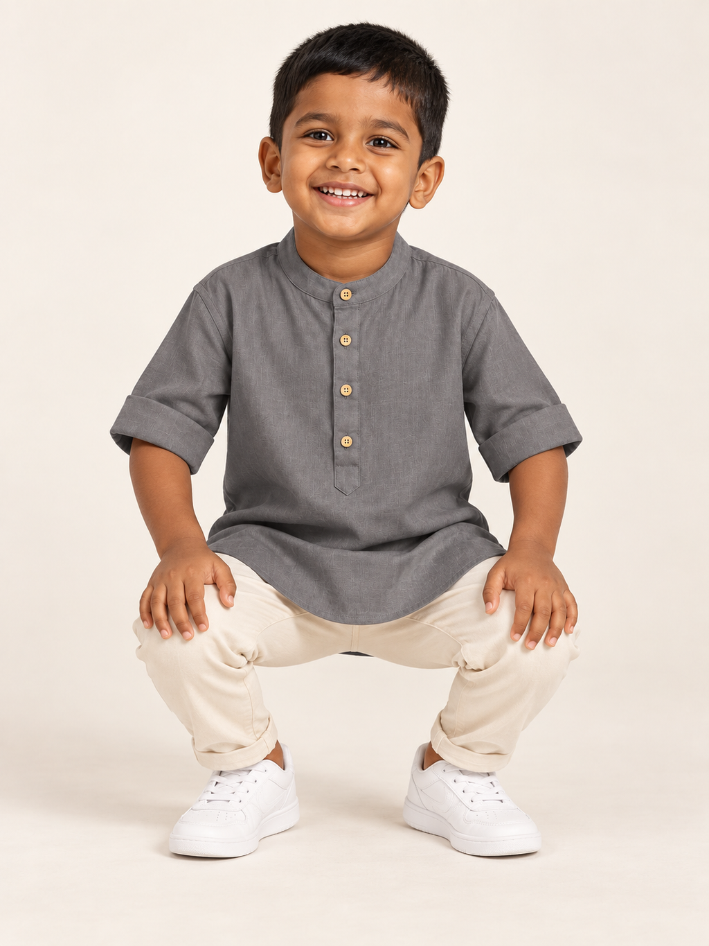 Kids Charcoal Grey Mandarin Collar Kurta Shirt