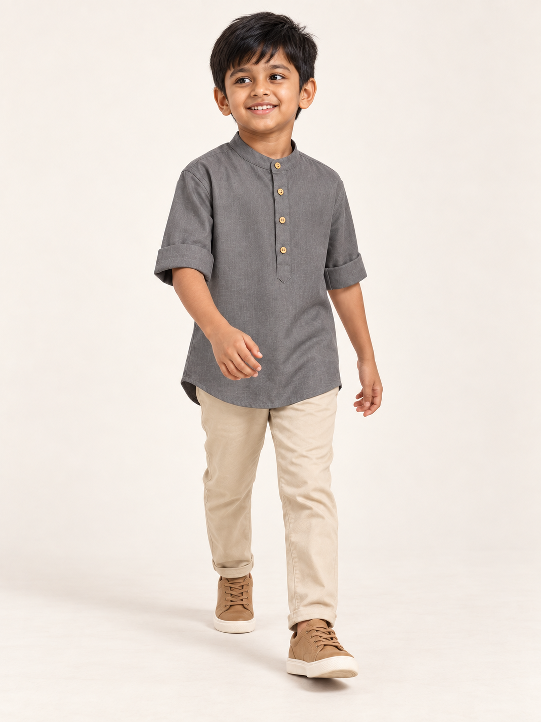 Kids Charcoal Grey Mandarin Collar Kurta Shirt