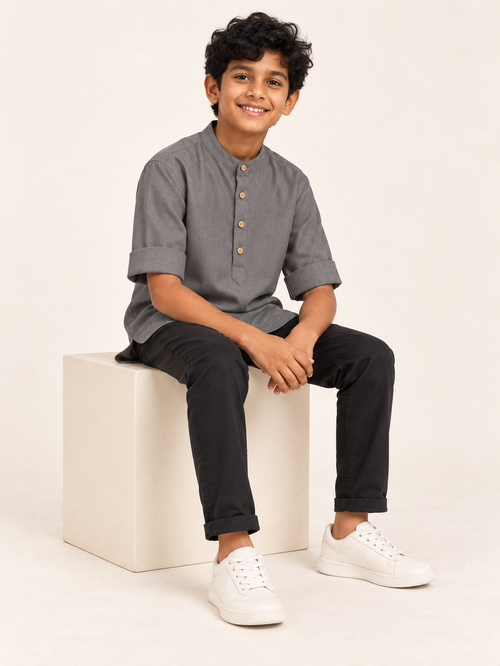 Kids Charcoal Grey Mandarin Collar Kurta Shirt