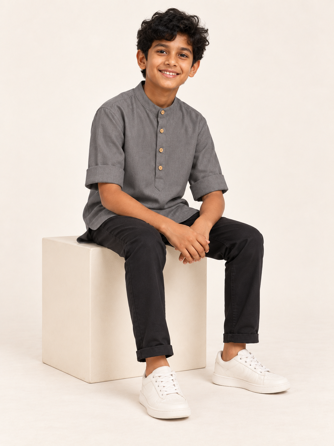 Kids Charcoal Grey Mandarin Collar Kurta Shirt