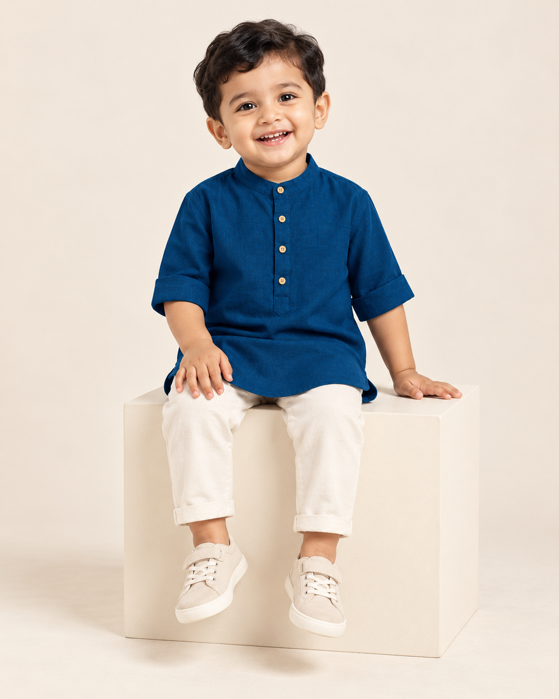 Kids Deep Navy Blue Mandarin Collar Kurta Shirt