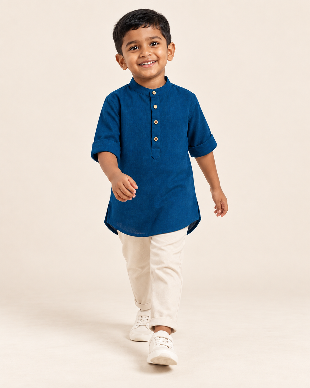 Kids Deep Navy Blue Mandarin Collar Kurta Shirt